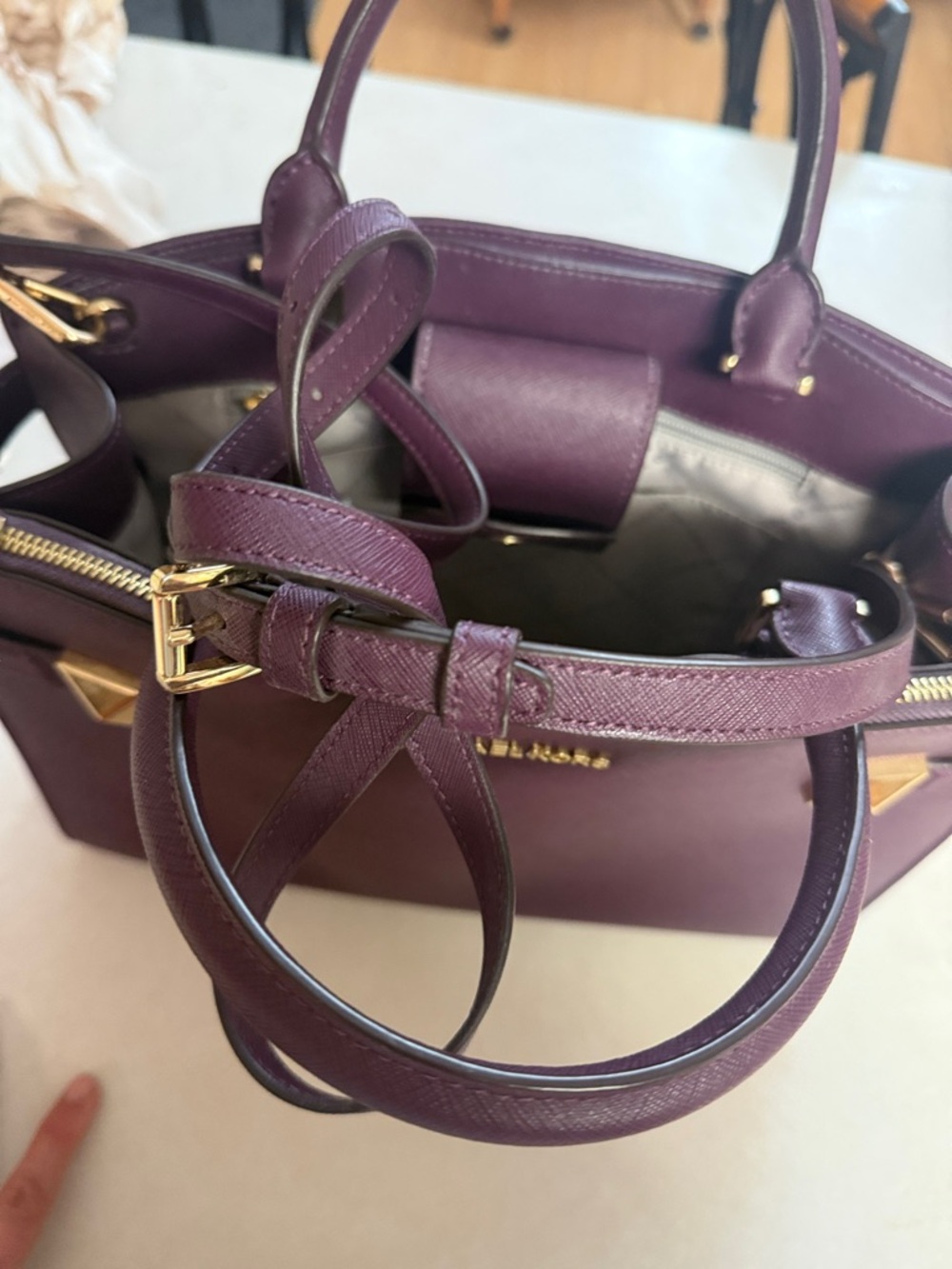 Michael Kors Plum Saffiano Leather Satchel with Gold Accents - Picture 11 of 15